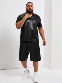 Manfinity Homme Men's Plus Size Solid Color Simple Short Sleeve Shirt And Shorts Set - Black - View 5