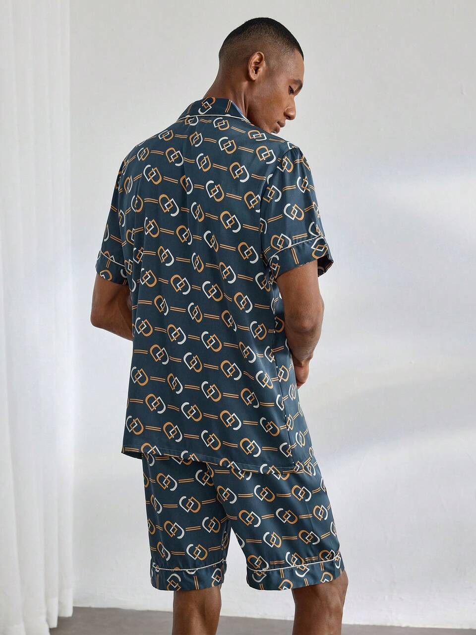 Men's Summer Geometric Print Polo Collar Short Sleeve Button Up Top And Shorts Home Clothing Set