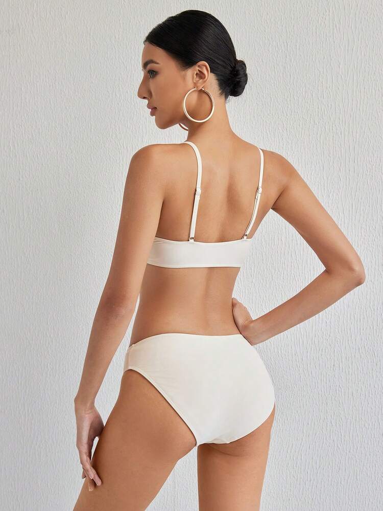 Women's Four-Piece Solid Color Bikini Set With Circular Linkage For Summer Beach, Matching Long-Sleeved Shirt And Skirt Cover-Ups Sheer