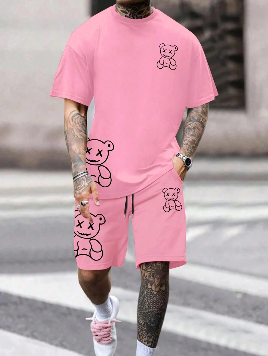Manfinity Homme Plus Size Men's Cartoon Teddy Printed Round Neck Short Sleeve Casual T-Shirt And Drawstring Waist Shorts Set, Summer - Pink - View 1