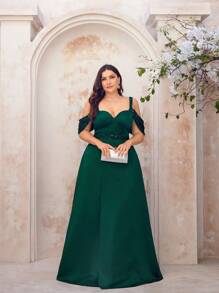 SHEIN Belle Váy chữ A xẻ cao vai khoét sâu đính hạt màu xanh lá cây đậm thanh lịch cỡ lớn cho những dịp trang trọng - Màu xanh lá cây đậm - Xem 4