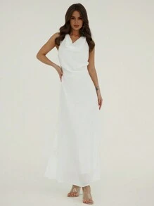 Aloruh 无袖法式垂坠领口高端轻奢极简森系挂脖连衣裙春夏音乐节人鱼轮廓收腰连衣裙 - 白色 - 查看 1