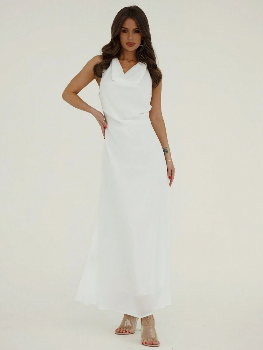 Aloruh 无袖法式垂坠领口高端轻奢极简森系挂脖连衣裙春夏音乐节人鱼轮廓收腰连衣裙 - 白色 - 查看 1