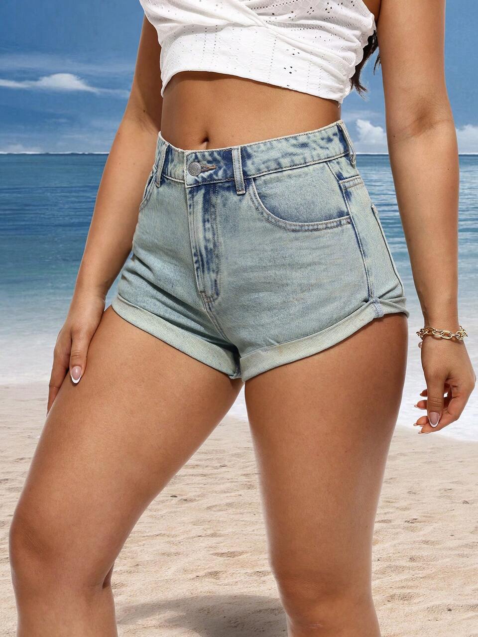 Women's Rolled Hem Casual Vintage Denim Shorts With Pockets