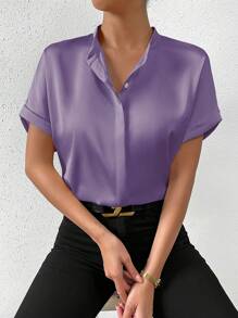 Chiquease Summer Casual Solid Color Stand Collar Batwing Sleeve Shirt - Mauve Purple - View 4
