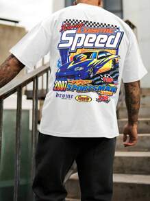 Manfinity LEGND Camiseta casual de manga corta con cuello redondo para hombre de talla grande con estampado de letras y coches para verano