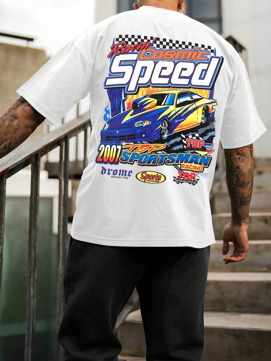 Manfinity LEGND Camiseta casual de manga corta con cuello redondo para hombre de talla grande con estampado de letras y coches para verano