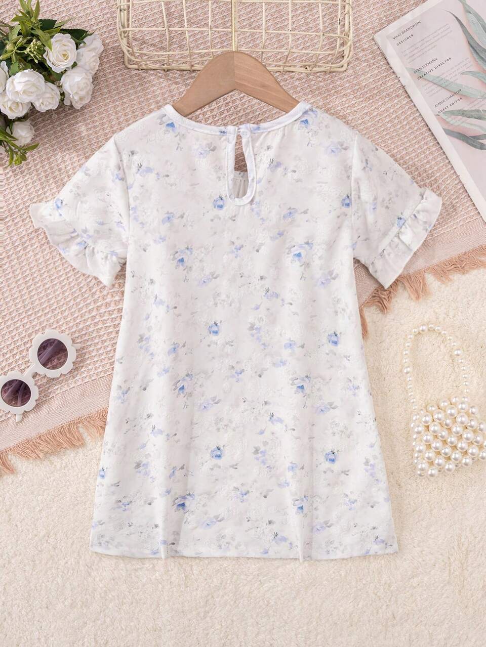Young Girl White Simple Blue Floral Print Short Sleeve Nightgown, Home Wear