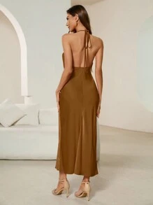SHEIN Privé 夏季性感純色露背無袖連衣裙，後頸綁帶式 - 棕色 - 查看 2