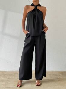 SHEIN LUNE Women's Solid Color Off-Shoulder Simple Daily Wear Top And Pants 2 Pieces Set