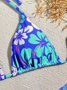 女士夏季沙灘花卉印花露背頸綁式性感比基尼套裝，配披裙 - 寶藍色 - 查看 3