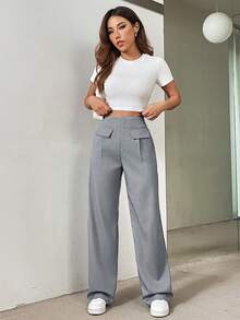SHEIN Privé Quần dài có túi màu trơn đơn giản và thanh lịch cho nữ - Xám - Xem 5