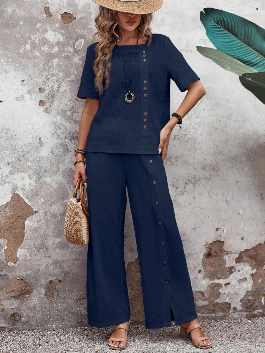 EMERY ROSE 女性時尚寬鬆側扣設計短袖上衣和長褲套裝 - 藏蓝色 - 查看 1