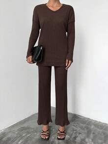 SHEIN Cottnline Ladies' Solid Color Round Neck Long Sleeve T-Shirt And Trousers Two-Piece Set - Brown - View 2