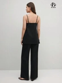 BizChic Conjunto de dos piezas elegante para mujer, sin mangas, para ir a citas. Incluye top y pantalón largo. - Negro - Ver 2