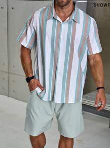 Manfinity Homme Men's Plus Size Summer Casual Striped Short Sleeve Shirt And Solid Color Shorts Set - Mint Green - View 6