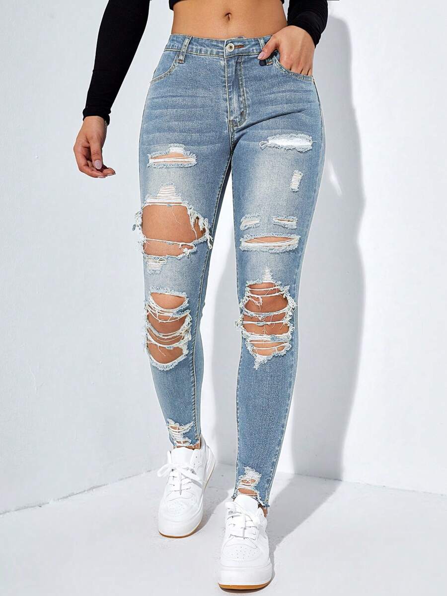 Jeanoix Ladies' Plain & Simple Everyday Distressed Denim Jeans - Dark Wash - View 1