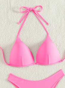 Swim Basics Bãi biển mùa hè dành cho nữ Dây buộc cổ màu trơn Bộ bikini gợi cảm tách biệt, đệm lót, chống đẩy - Hồng - Xem 4