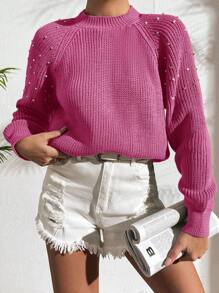 EURMUSE Suéter De Manga Raglán Con Tachuelas De Perlas Y Cuentas De Color Liso Para Mujer - Rosa Fucsia - Ver 5