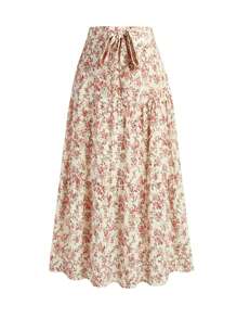 Falda línea A estampada con cintura alta de moda para mujeres de talla grande - Rosa - Ver 1