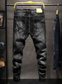 Men's Casual Distressed Elastic Tapered Fit Jeans - Black - View 2