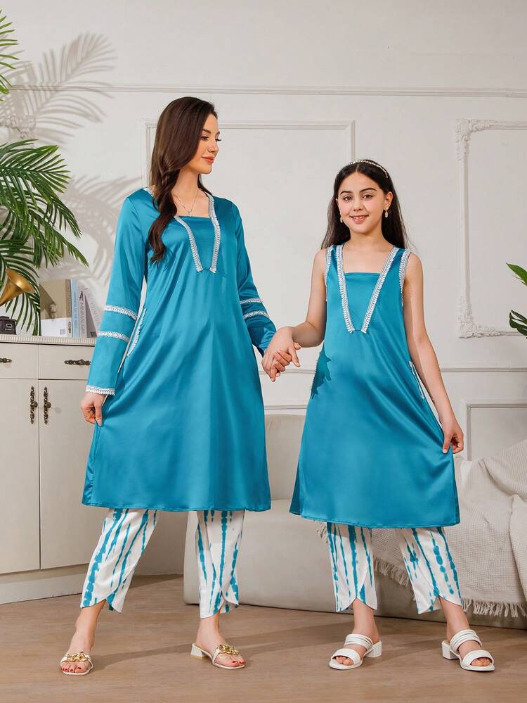 Tween Girl Long Sleeve V Neck Running Top + Casual Cross Casual Pants, Family Matching Outfits (Sold In 3 Separates Sets)