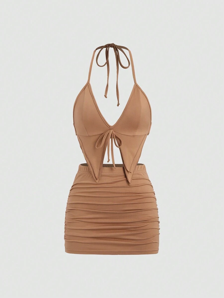 EgrlEra Bộ đồ ngủ hai dây đơn giản màu trơn mặc hàng ngày và váy Y2K cho nữ - Lạc đà - Xem 1