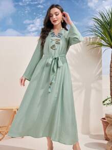 Al Najma V領腰帶休閒長袖日常穿著連衣裙 - 綠色 - 查看 4