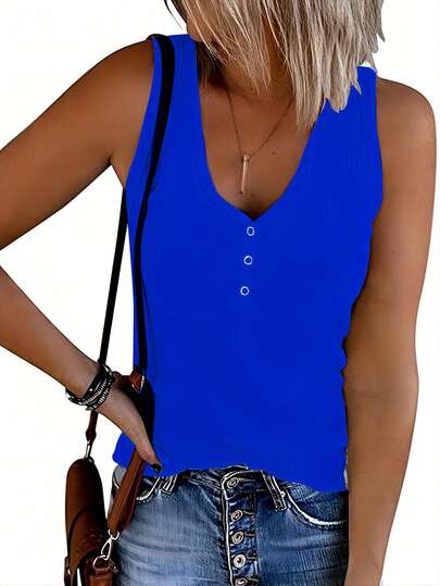 Novo Top de Malha Feminino Europeu e Americano de cor sólida com design de fivela e gola em V, Top sem Mangas