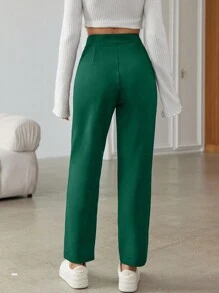 EURMUSE Solid Color High Waist Long Pants - Green - View 2