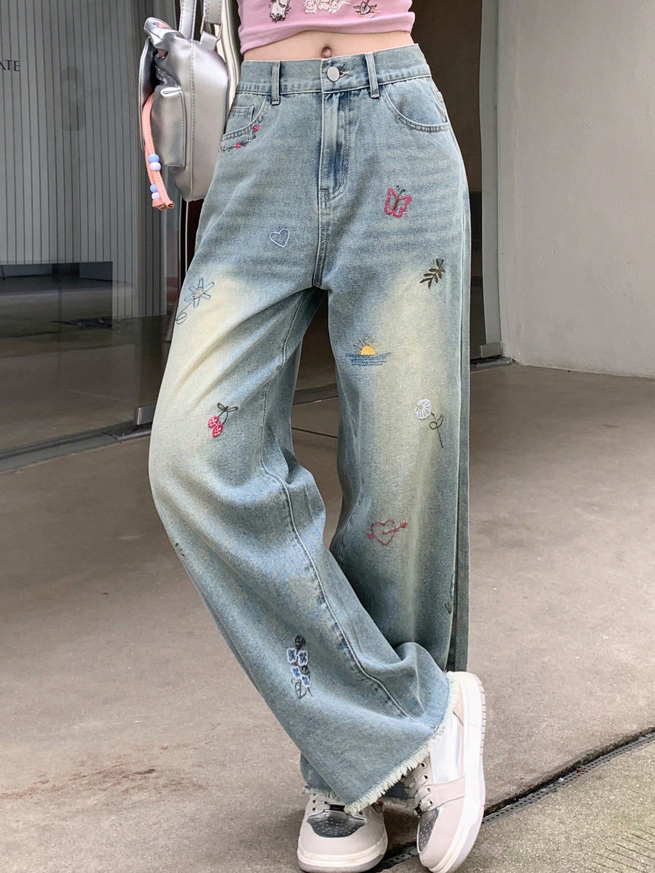 DAZY سراويل جينز نسائية بتصميم مستقيم وفضفاض مع طب...