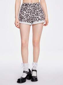 ROMWE Kawaii Women's Leopard Rolled Hem Casual Denim Shorts - Pink - View 5