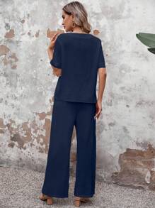 EMERY ROSE 女性時尚寬鬆側扣設計短袖上衣和長褲套裝 - 藏蓝色 - 查看 2