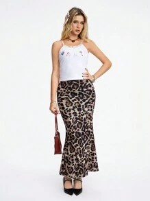 ROMWE Falda larga con cola de pescado con estampado de leopardo para mujer de moda de verano - Multicolor - Ver 3
