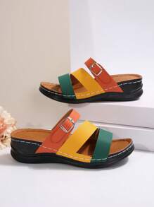 Summer New Colorblock Splicing Open Toe Sandals, Metal Buckle Decor, Platform Wedge Heel Design, Criss-Cross Hollow Breathable Upper, Fashionable Casual Vacation Versatile Sandals For Women - Màu vàng - Xem 4