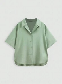 INAWLY Plus Size Summer Casual Solid Color Short Sleeve Shirt - Yellow - View 5