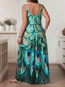 SHEIN VCAY Plus Size Peacock Feather Printed Dress With Spaghetti Strap Neckline, Perfect For Vacation And Fashion - Multicolor - View 2