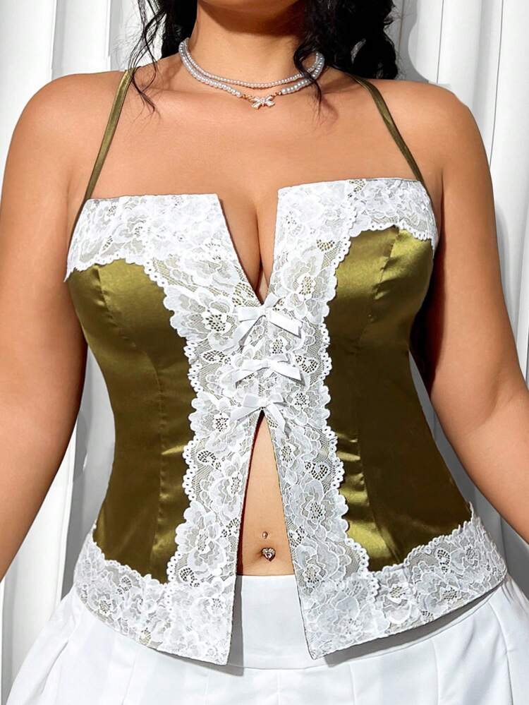 Plus Size Summer Cross Strap Lace Top With Bowknot Decoration