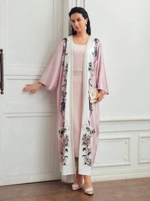 MOTF PREMIUM CASACO FLORAL DE MANGA BARRA EM BLOCO DE COR E VESTIDO DE CINTURA DE PÉROLAS FALSAS E BARDA FLARE - Rosa empoeirado - Visão 7