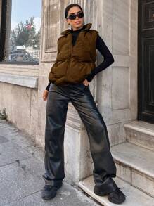 EURMUSE Women'S Solid Color Vest Padded Coat - Chocolate Brown - View 6