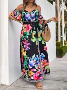 SHEIN VCAY Plus Size Kỳ nghỉ Spaghetti dây đeo lệch vai Áo dài in hình - Nhiều màu - Xem 5