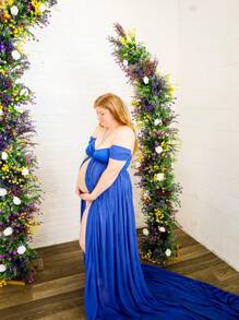 Maternity Chiffon V-Neck Front Split Dress, Perfect For Photography Session, For Photoshoot - Royal Blue - View 6