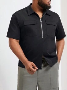 Manfinity Homme Men's Plus Size Summer Solid Color Workwear Short Sleeve Casual Shirt With Zipper And Pockets - Black - View 3