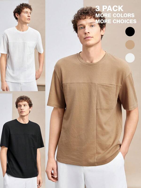 Manfinity VCAY Men's 3pcs/Set New Style Knitted Loose Round Neck Short Sleeve T-Shirts With Drop Shoulder, Suitable For Daily Wear In Spring And Summer