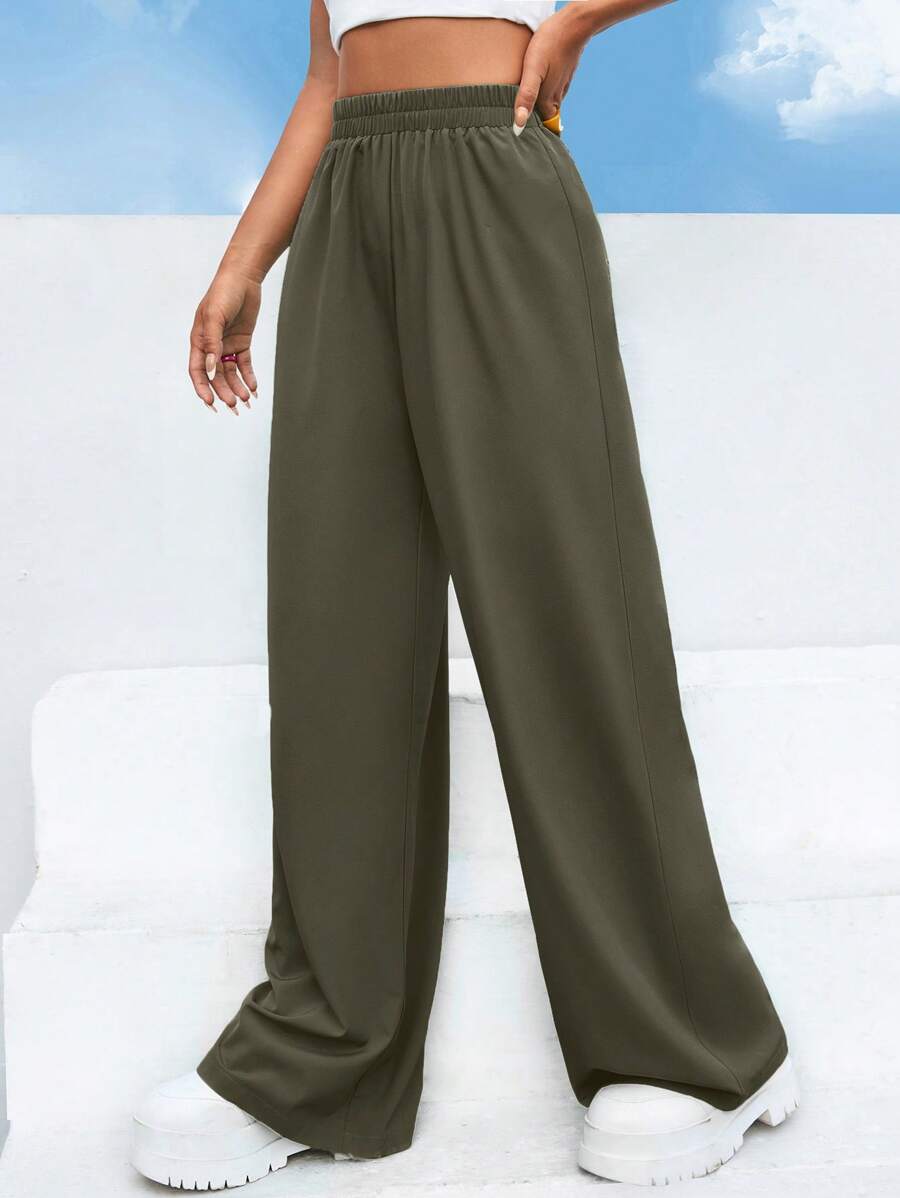 EURMUSE Solid Elastic Waist Wide Leg Pants - Army Green - View 1