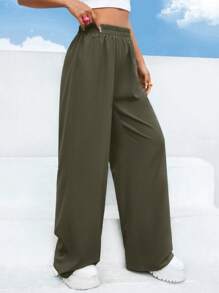 EURMUSE Solid Elastic Waist Wide Leg Pants - Army Green - View 4