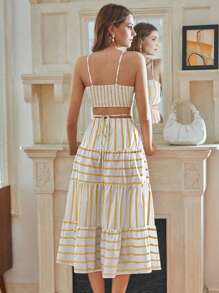 SHEIN VCAY 女式夏季条纹镂空褶皱细肩带连衣裙 - 黃色 - 查看 2