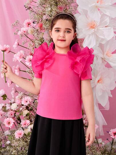 SHEIN Tween Girl Extended Size Holiday Casual Knitted Colorblock Woven Short Sleeve Top, Spring/Summer