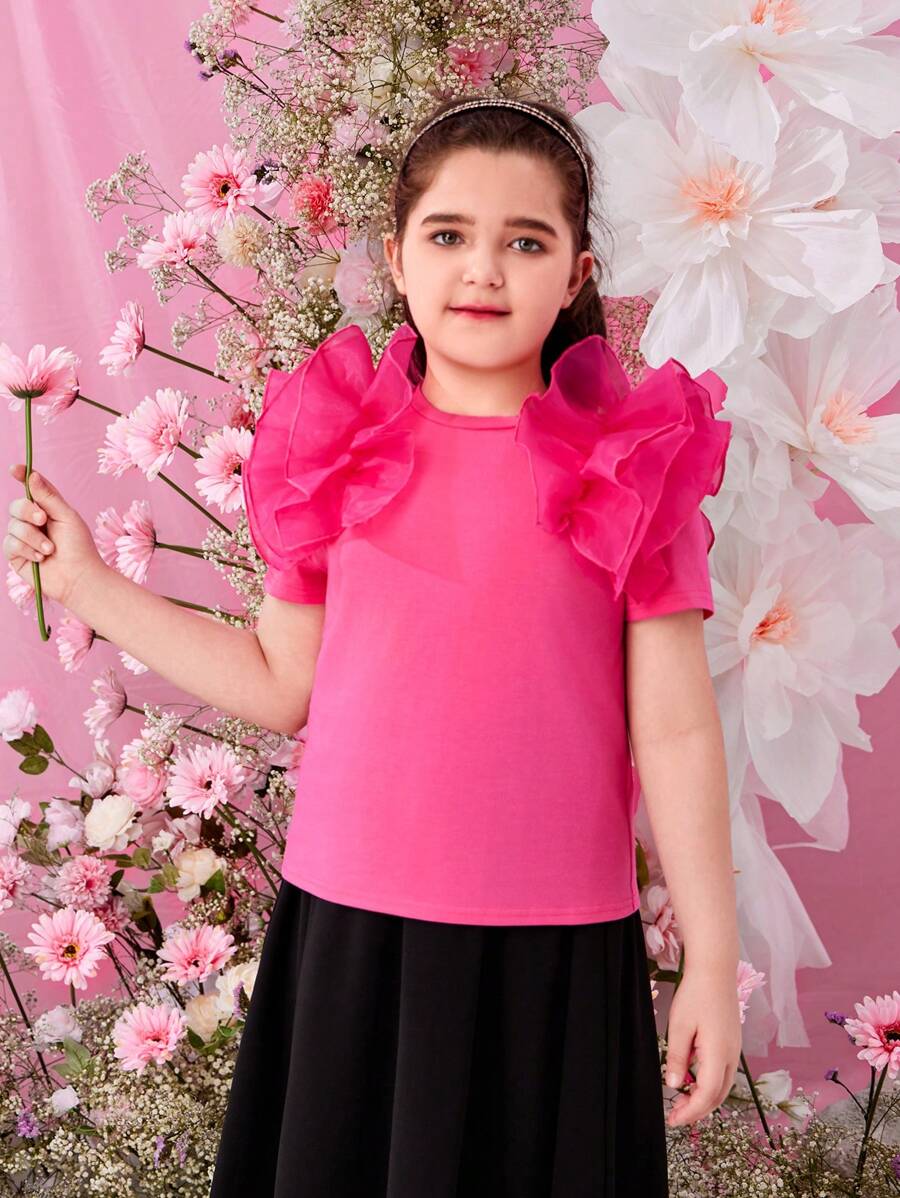 SHEIN سترة متوسطة الحجم للفتيات المراهقات معقودة عارضة مع تداخل ألوان محبوك على الأكمام القصيرة، للعطلات والربيع/الصيف - روز أحمر - مشاهدة 1