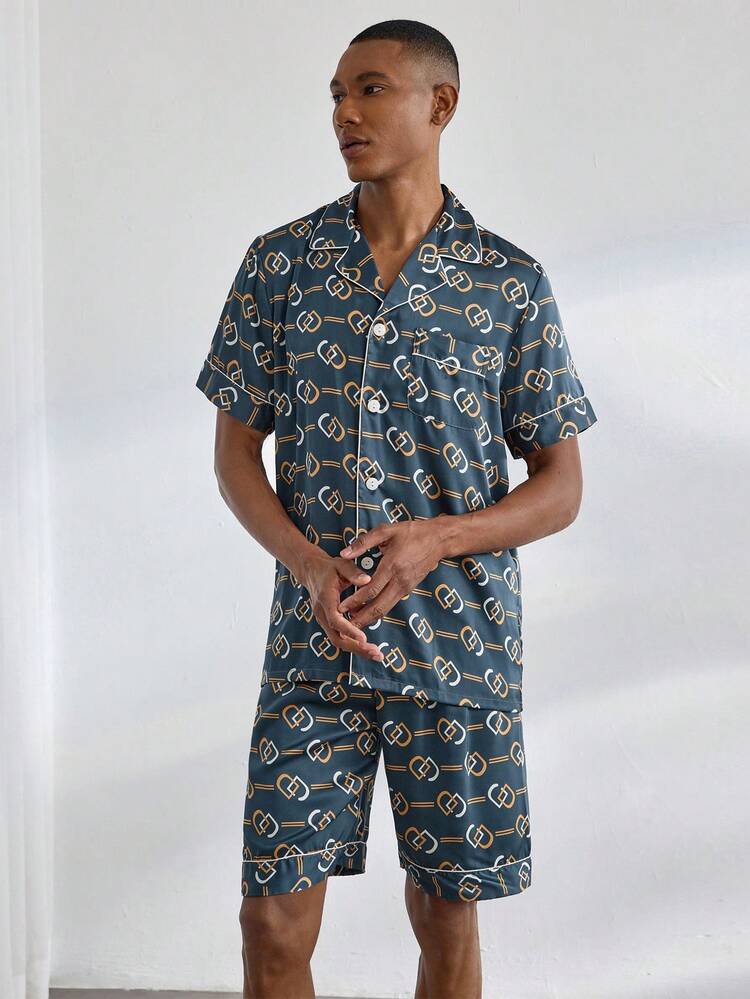 Men's Summer Geometric Print Polo Collar Short Sleeve Button Up Top And Shorts Home Clothing Set